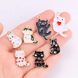 10Pcs Cartoon Enamel Cat Pendants Gold Color Metal Charm DIY Cute Animal Necklace Earrings Handmade Jewelry Making Accessories