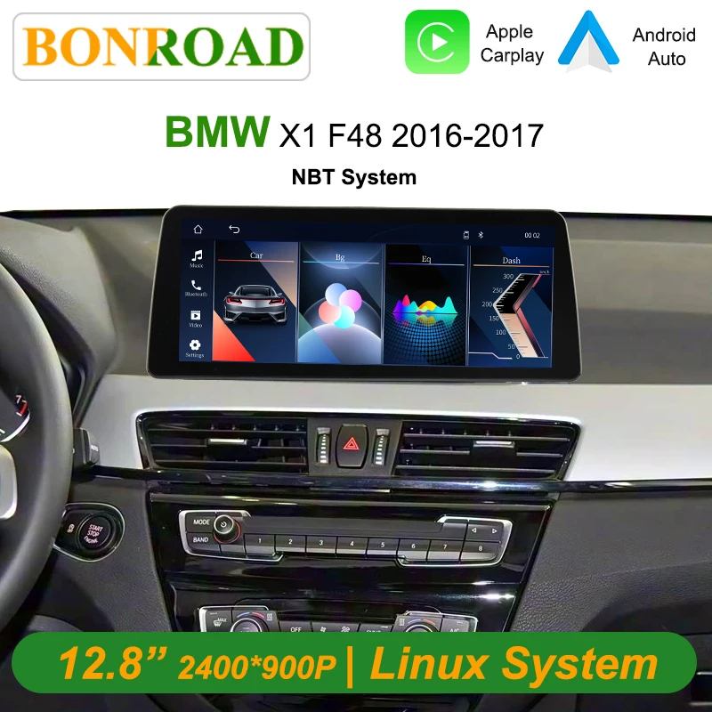 Display touchscreen multimediale wireless CarPlay Bonroad da 12,8 pollici 2400×900 per BMW X1 F48 2016–2017 con sistema NBT e Android Auto Stereo