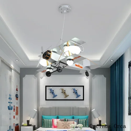 Cartoon Creative Color Fighter Boys'Bedroom Children's Room Light Modern Simple LED Iron Aircraft Hanging Light