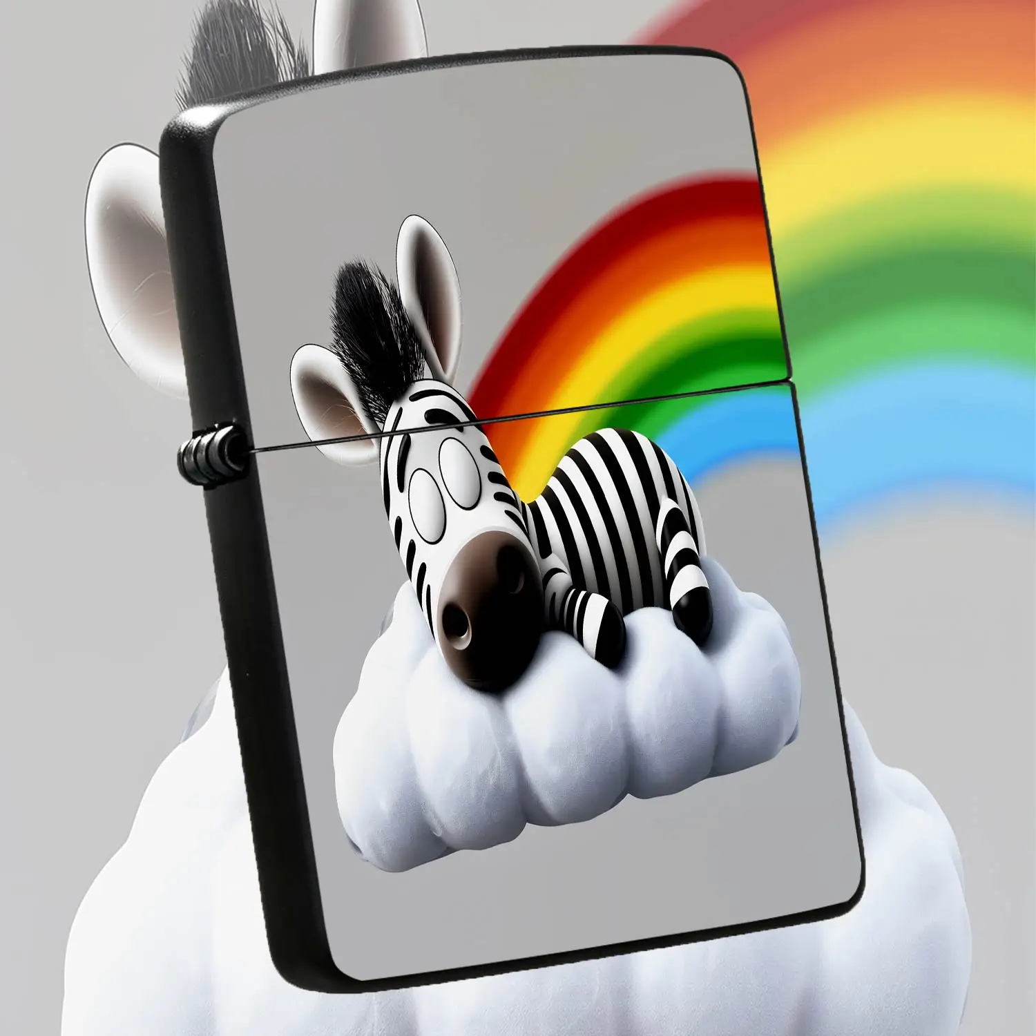 Adorable Cartoon Zebra Resting On Fluffy Cloud Lighter, Cute Playful Design With Dreamy Rainbow Background, Portable Exquisite Delicate Daily Carry Item, Ideal Sweet Festive Birthday Surprise Gift For Friends And Family A Humorous And Inter
