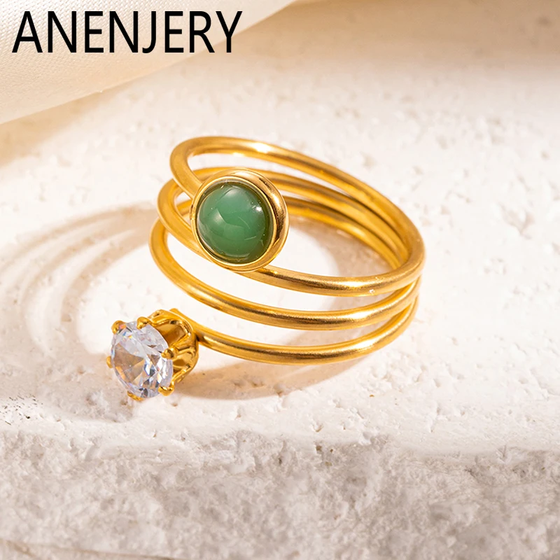 ANENJERY Stainless Steel Multi Layer Lines Green Stone Zircon Ring for Women French Vintage Jewelry Gifts Wholesale