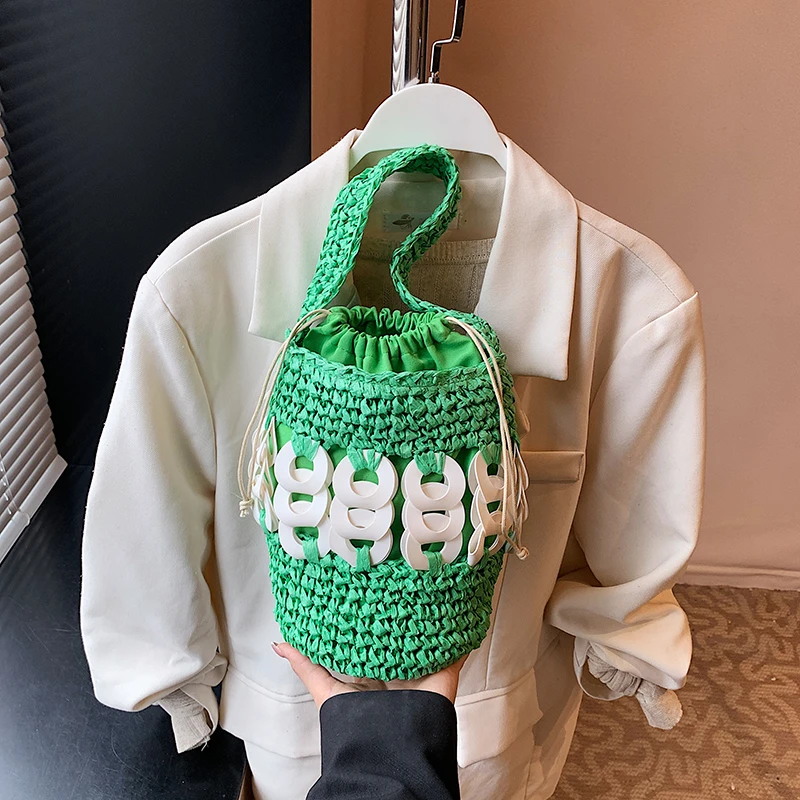 

Straw Woven String Solid Bucket Spring New Hollow Out Women's Bags on Sale 2025 New Fashion Sequined Versatile Women's Handbags