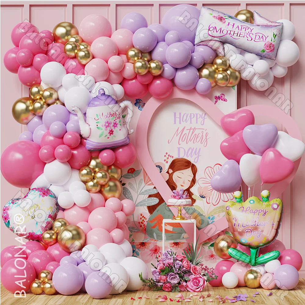 141pcs Happy Mother's Day Balloon Garland Arch Kit Pink Purple Love Balloon Decorations Supplies Heart Shape Helium Love Globos