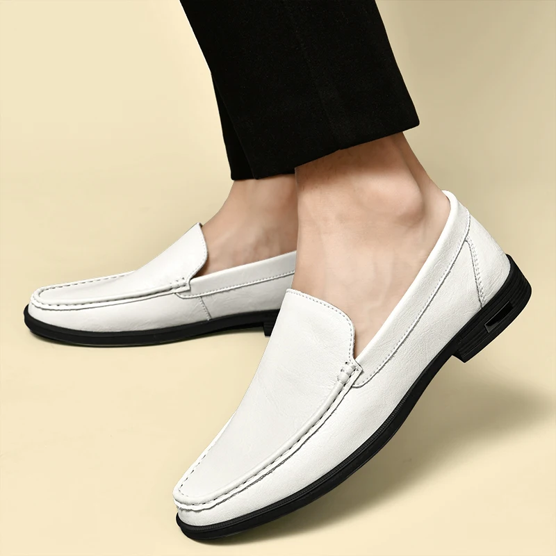 New Genuine Leather Mens White Low Heeled Business Shoes Fashion Mens All-match Male Shoes Handmade Comfortable Punching Loafers