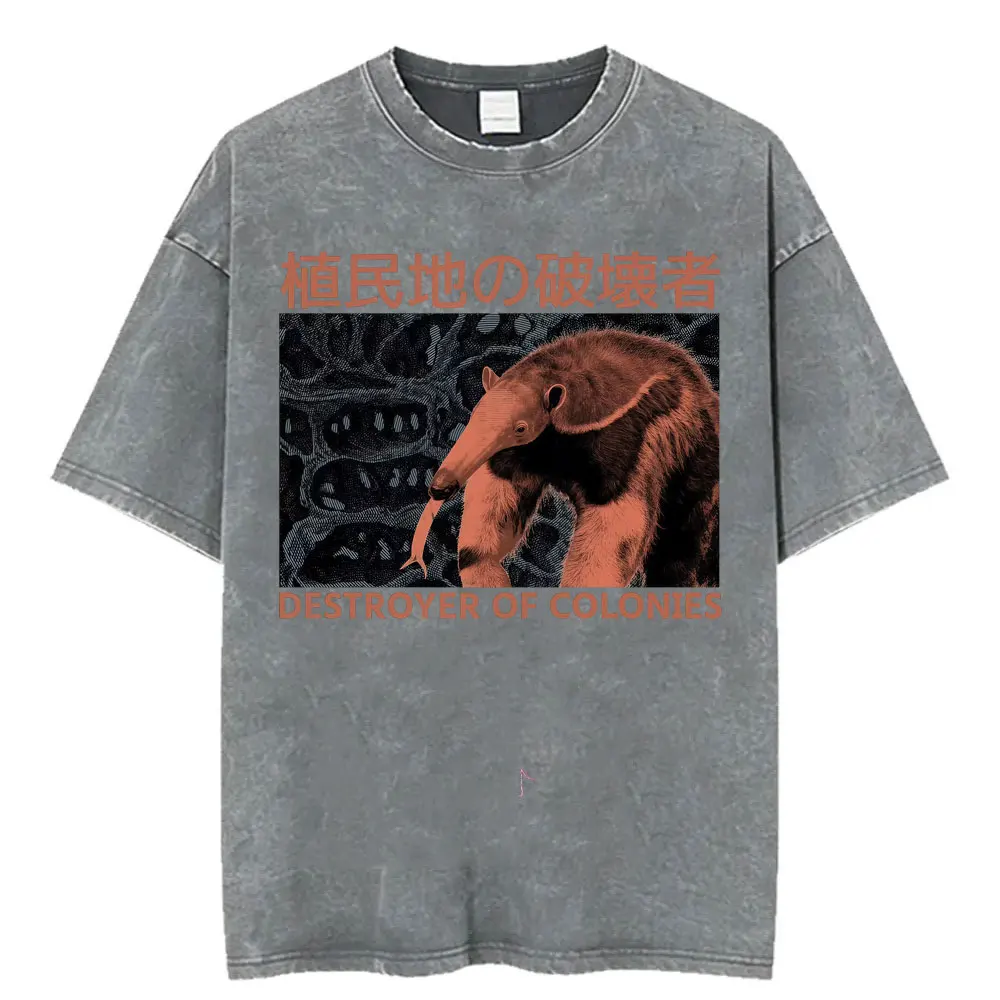 Funny Destroyer of Colonies Anteater Humor T Shirt Japanese Style Vintage Washed T-shirts Unisex Summer Tops Short Sleeve Tshirt