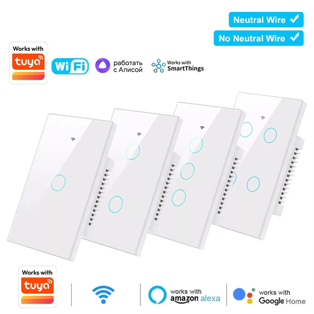Works with Tuya App Smart Wifi Touch Switch Neutral Wire/No Neutral Wire Required US 1/2/3/4 Gang Light Switch For Alexa Google