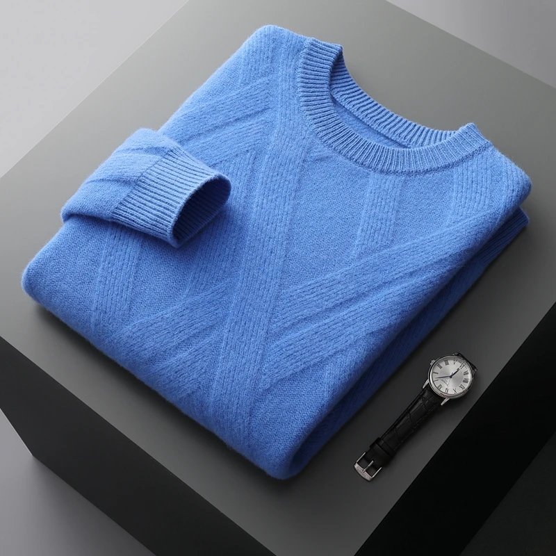 

Autumn and winter new 100% wool cashmere sweater men's O-neck padded pullover plus size diamond knit top casual bottoming shirt