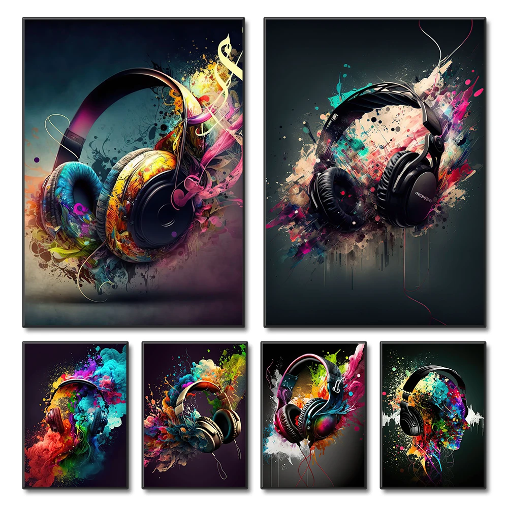 Vintage Neon Pop Colorful Headphones Poster Aesthetic Gaming Music Canvas Painting Wall Art Pictures for Gaming Room Home Decor