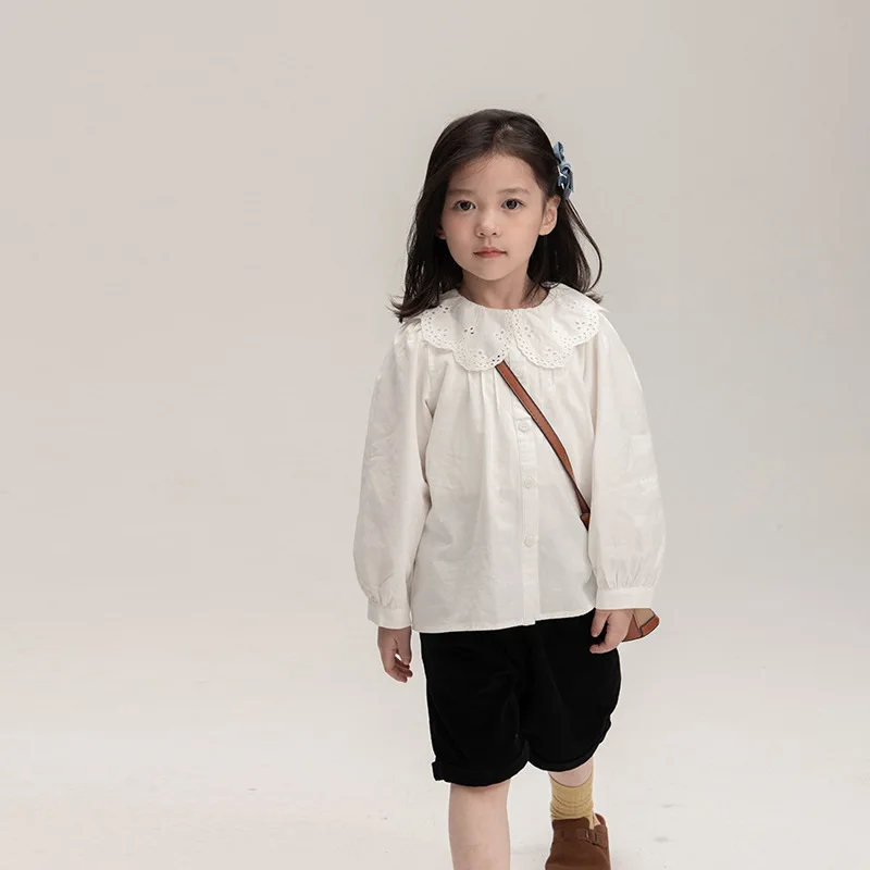 

Autumn Outfit New Girls Long Sleeved White Shirt Baby Hollowed Out Ruffle Collar Shirt Children's Stylish Versatile Top