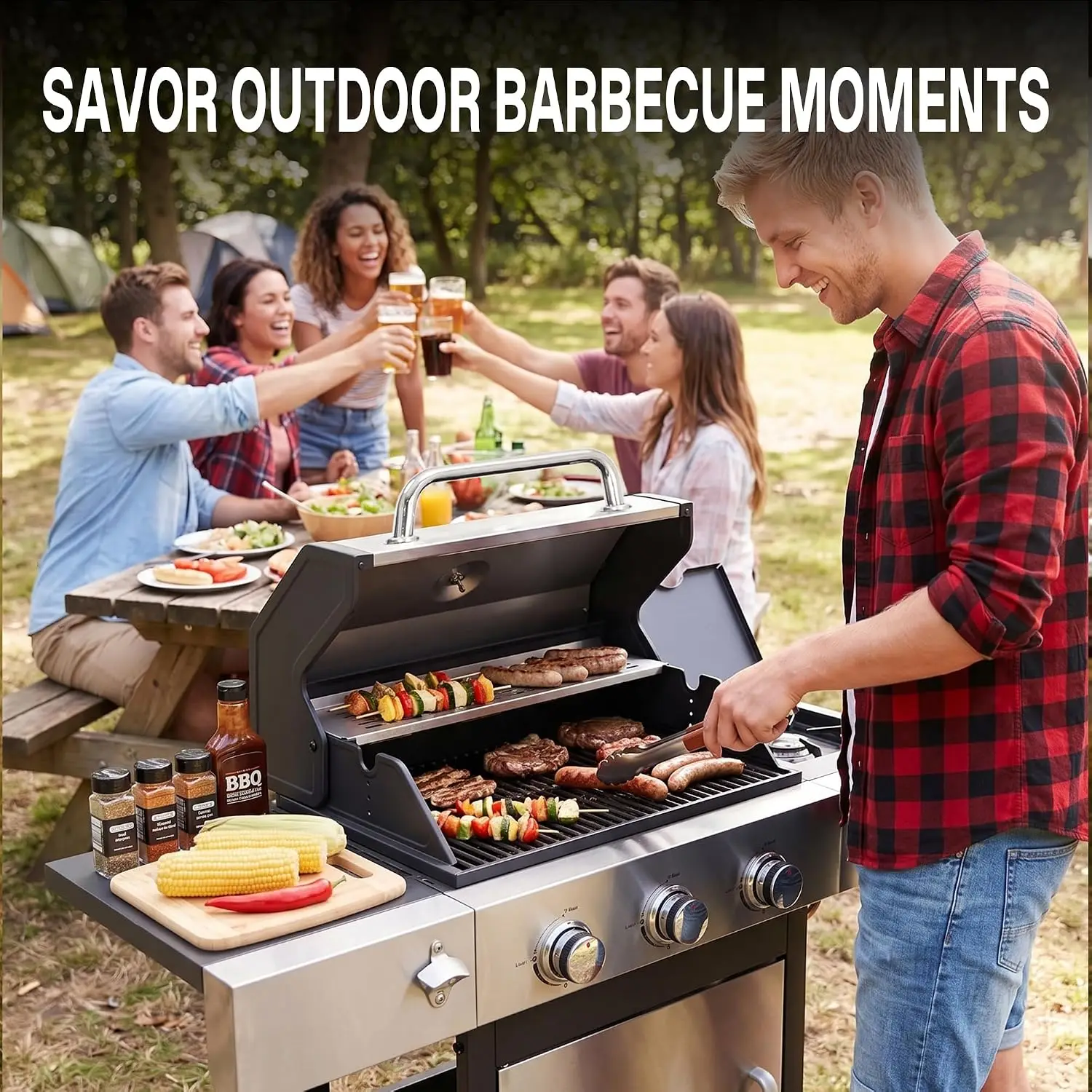 3-Burner Propane Gas Grill with Side Burner, 39,000 BTU BBQ Grill with Porcelain-Enameled Cast Iron Grates, Customized