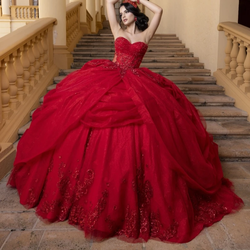 

Red Shiny Quinceanera Dresses Off The Shoulder Applique Lace Beading Crystal Tull Corset Party Birthday Sweet 16 Dress Vestidos
