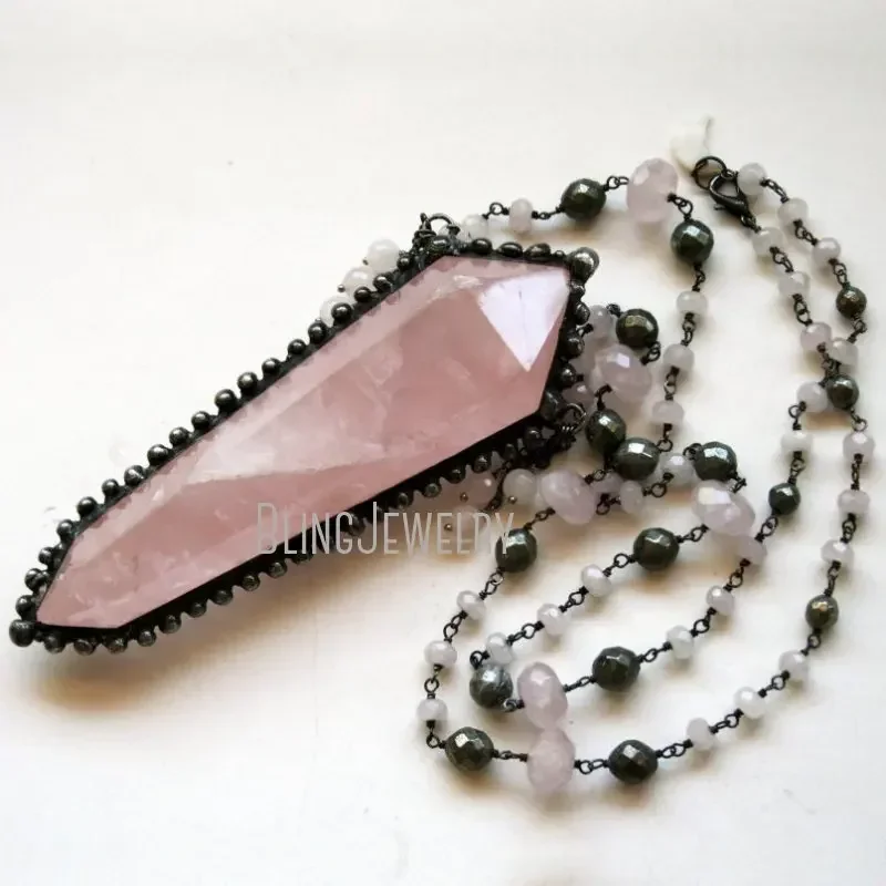 10pcs Massive Rose Quartz Crystal Point Necklace Shimmering Faceted Pyrite Bead Chain Gothic One Piece Boho Goblincore Jewelry