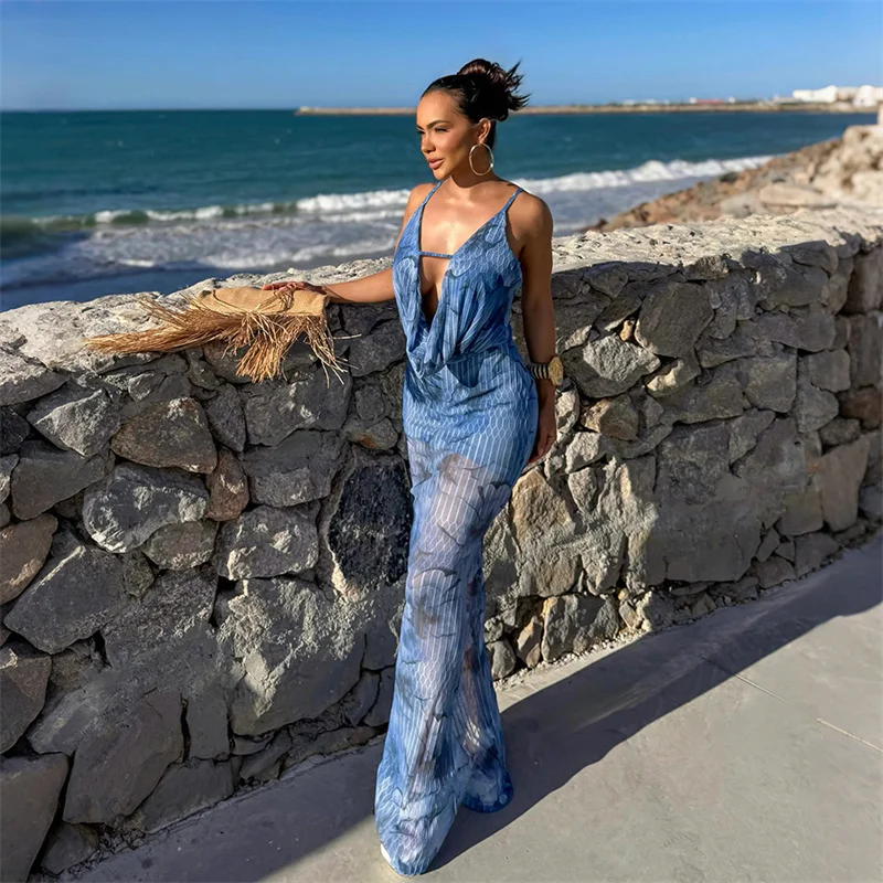 2025 nouveau col en V profond dos nu moulante mince femmes Sexy longue robe de soirée voir à travers imprimé Spaghetti sangle boîte de nuit Maxi robe