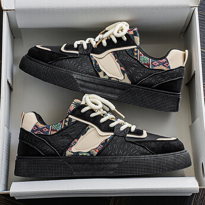 Men's Vintage Patchwork Platform Sneakers - Ethnic Tribal Print Low-Top Casual Shoes, Retro Fashion Walking Sneakers for Men