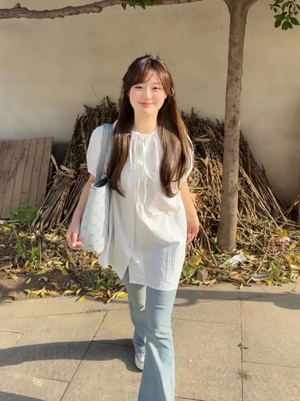 Blusa Solta Feminina Coreana Estilo Doce, Tamanho Grande, Casual de Verão, Versátil, com Cinto, para o Dia a Dia