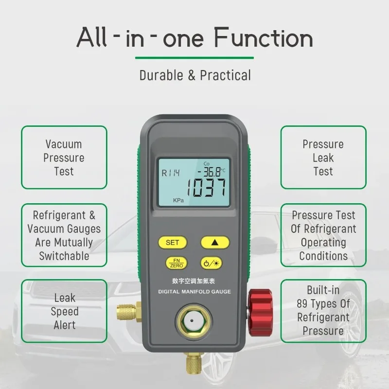 Digital Refrigeration Manifold Gauge R134A R32 R410A, Electronic Pressure Temperature Tester for Car Home AC HVAC Repair