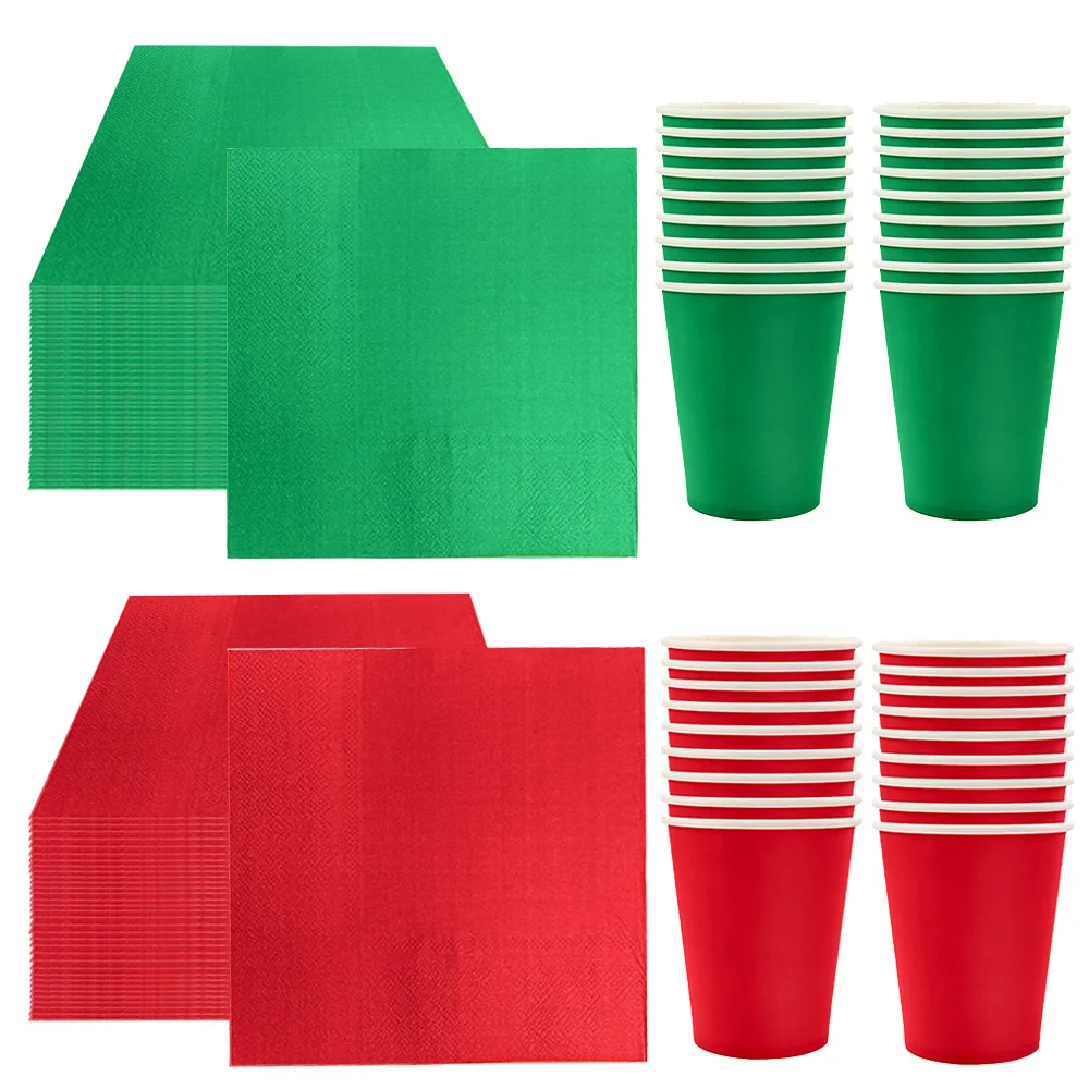 Grüne und rote Pappbecher, Serviette, Einweggeschirr, Party-Serviette, Trinkbecher für Geburtstag, Babyparty, Urlaub, Partyzubehör