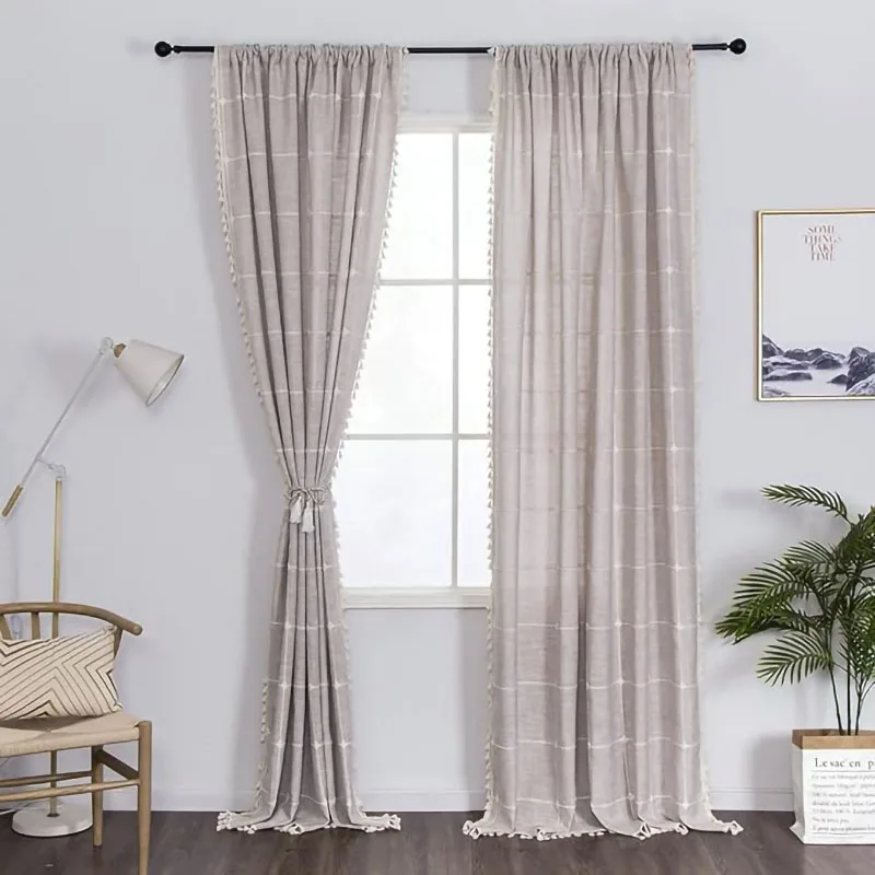 

Boho Cotton Linen Curtain with Tassels Farmhouse Plaid Embroidered Window Curtain 1 Panel Semi-Blackout Rod Pocket Window Drapes