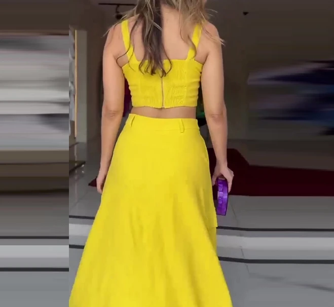 Women's Casual Style Set 2024 Spring/summer Latest Urban Fashion Sexy Design Sling Sleeveness High Waist Wide Leg Long Skirt Set