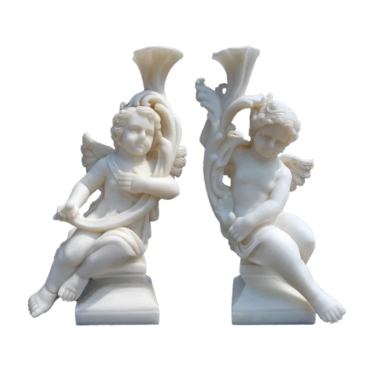 White Marble Lamp Stand For Garden Stone Light Staff Cherub Statue Angel Sculpture With Cornucopia Yard Decoration