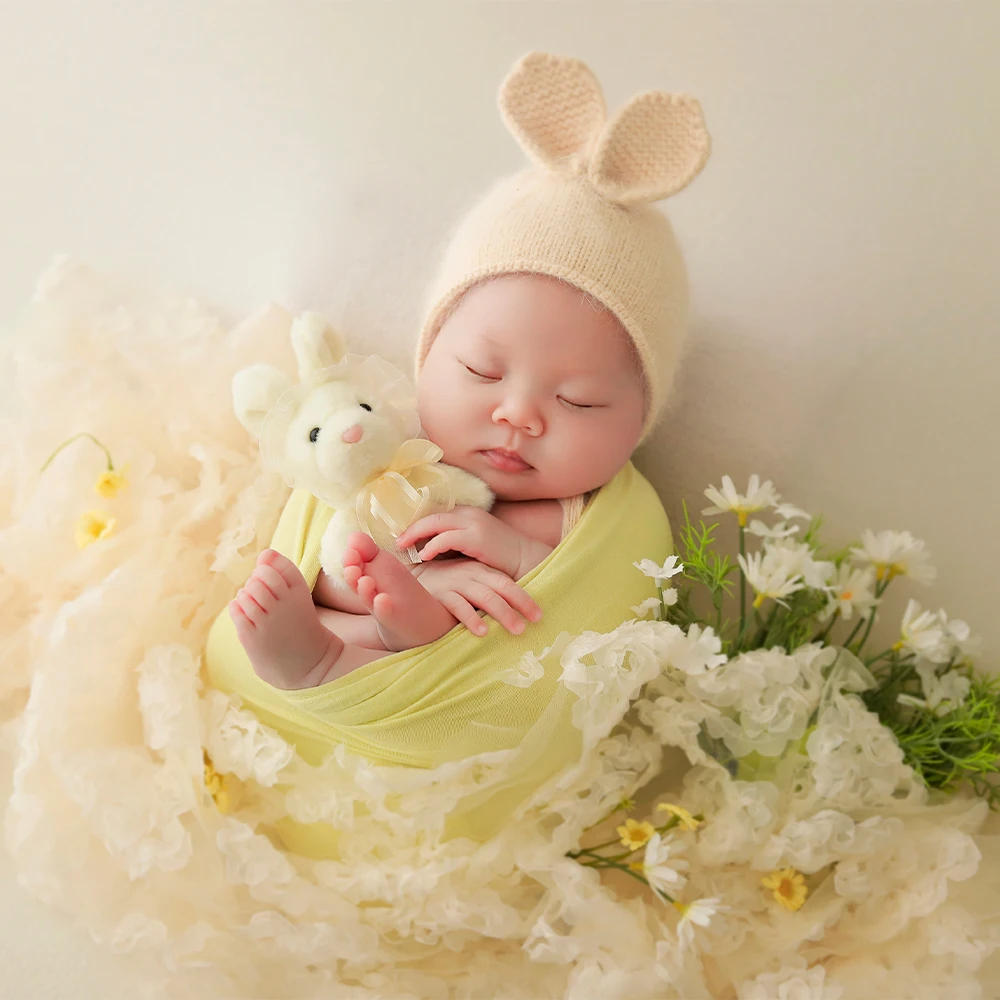 Couverture en dentelle florale avec oreilles de lapin, emmaillotage Pro rond, accessoires de photographie, enveloppes commandées en coton, chapeau pour studio photo de bébé