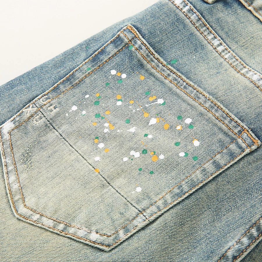 

Fashion New Men's Jeans Painted Scratches Wrinkles Embroidered Nostalgic Stretch Slimming Retro Washed Light Blue Itali