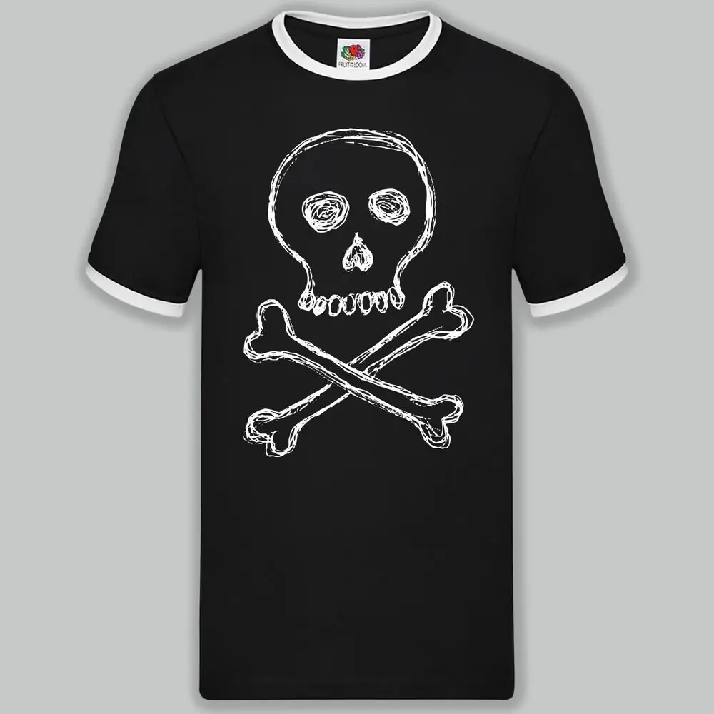 Scribble Skull and Crossbones Retro Style Print Ringer T-Shirt  Tees Cotton Luxury brand vintage oversized