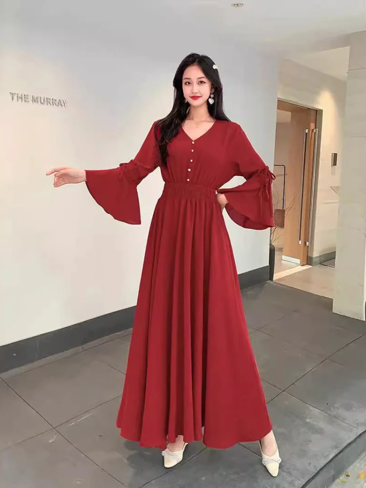 

Women Fashion Vintage Elegant High Waist Slim A-line V-neck Flare Sleeve Dress Spring Single Breasted Party Vacation Robe