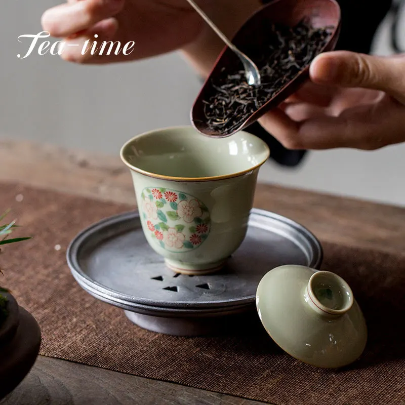 150ml Hand-painted Window Flower Cover Bowl Kung Fu Teaware Set Ceramic Underglaze Color Tea Maker Hand-grabbing Gaiwan Gift Box