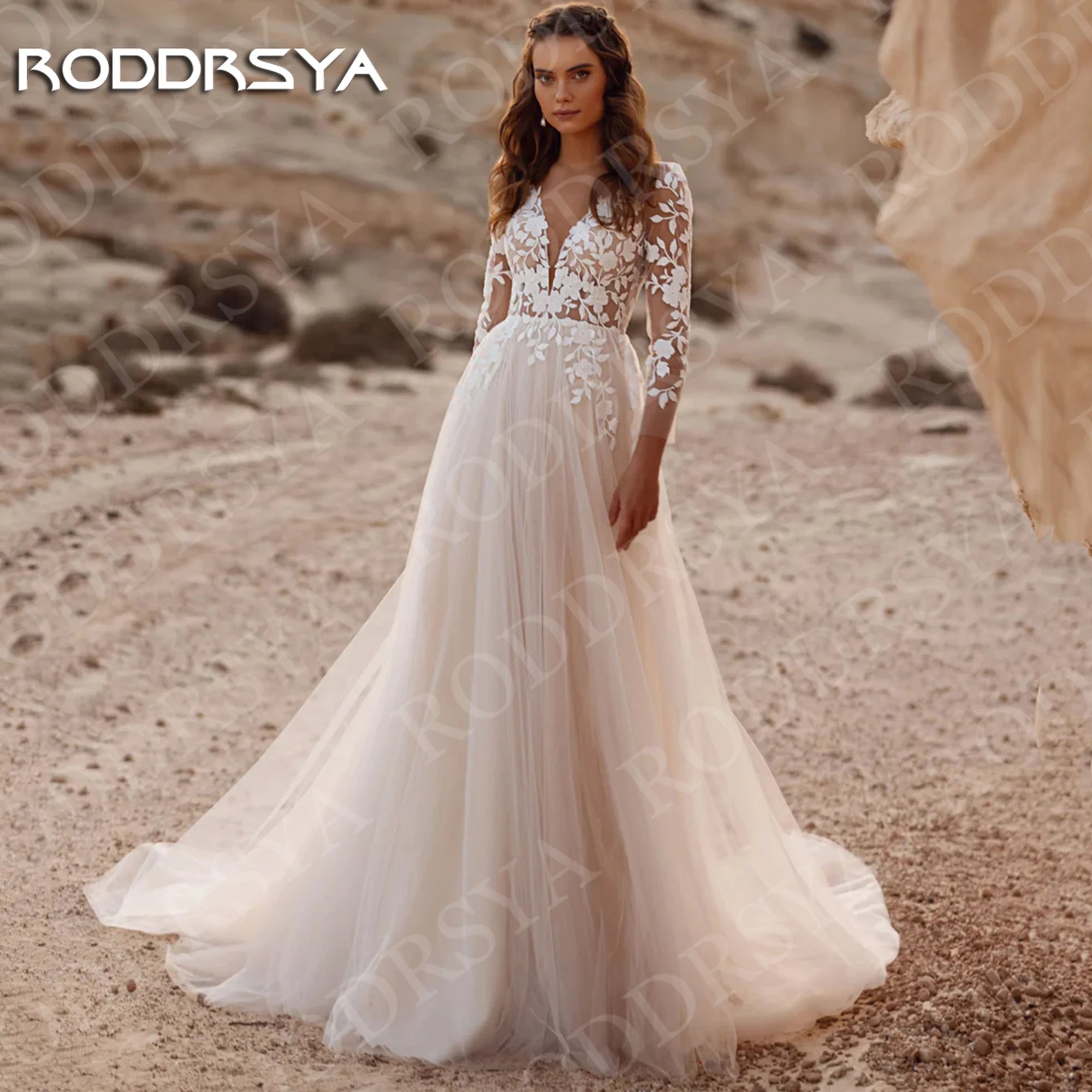 

RODDRSYA Boho Long Sleeve Wedding Dress Lace Appliques Tulle A Line V Neck Slit Beach Bridal Dresses Customized vestidos novia