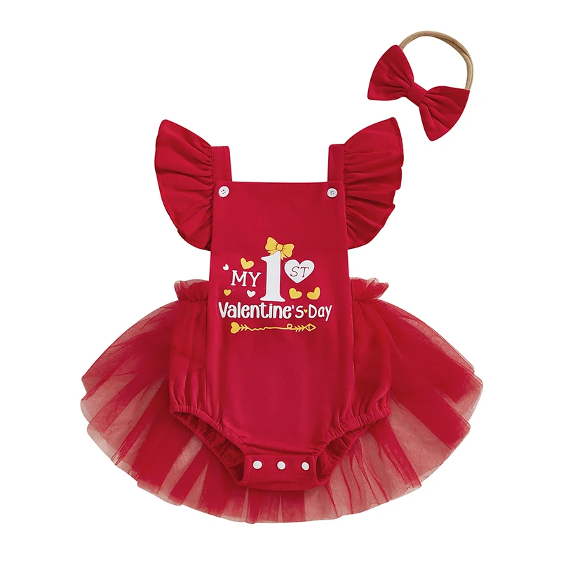 

Baby Girl Valentine's Day Outfits Flying Sleeve Heart Number Print Tulle Romper with Bow Headband