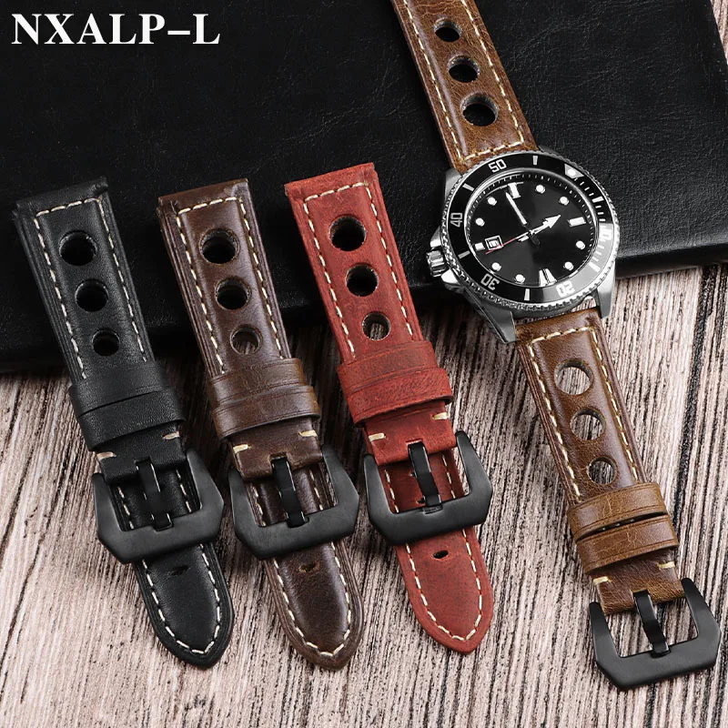 Vintage Oil Wax Cowhide Watch Strap Brown 20mm 22mm 24mm Breathable Genuine Leather Watchbands Pin Buckle Band Unisex Watchband