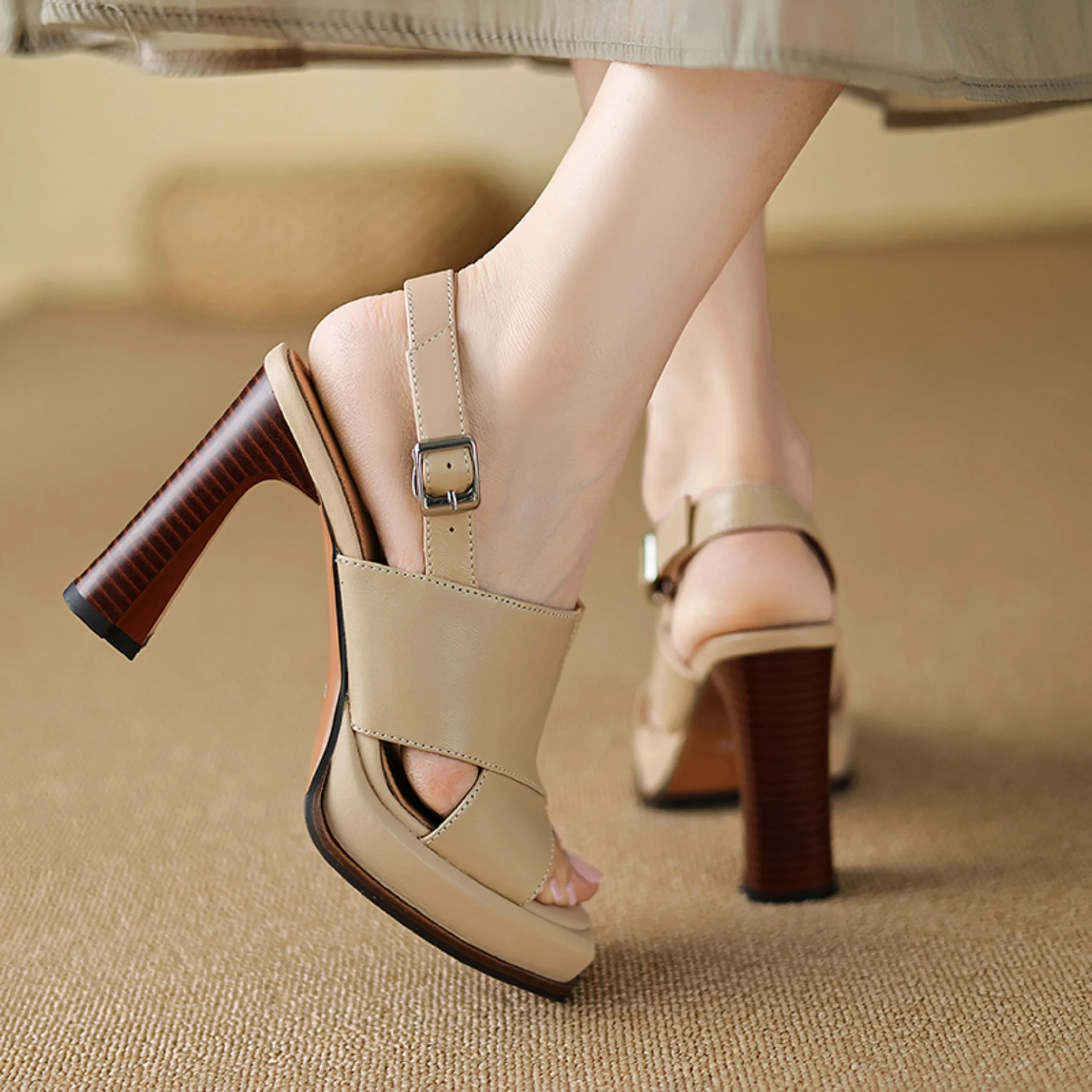 【JOCHEBED HU】Handmade Genuine Leather Summer One-button Thick Open Toe Sexy Professional High Heels Temperament Female Sandals