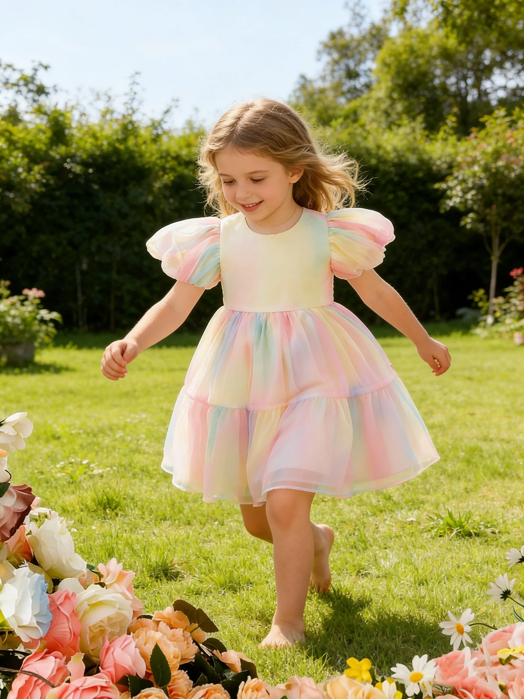 Summer New Gradient Rainbow Tulle Princess Skirt for Girls Elegant Fairy Tale Style Children's Dress