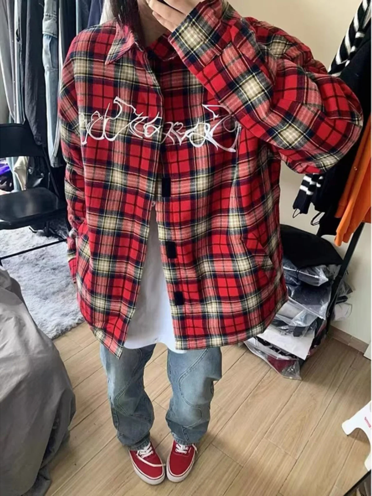

Red Plaid Long Sleeve Shirt Men's Summer Thin American Retro Sun Protection Embroidered Jacket Trendy Streetwear Polyester Fiber