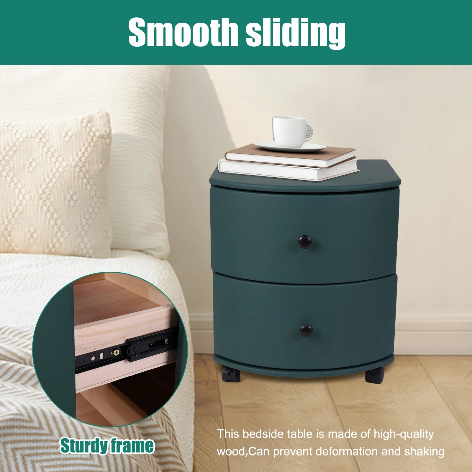 Creative Bedroom Desk with Wheels & Drawer Mini Round Bedside Desk Large Capacity for Living Room & Balcony