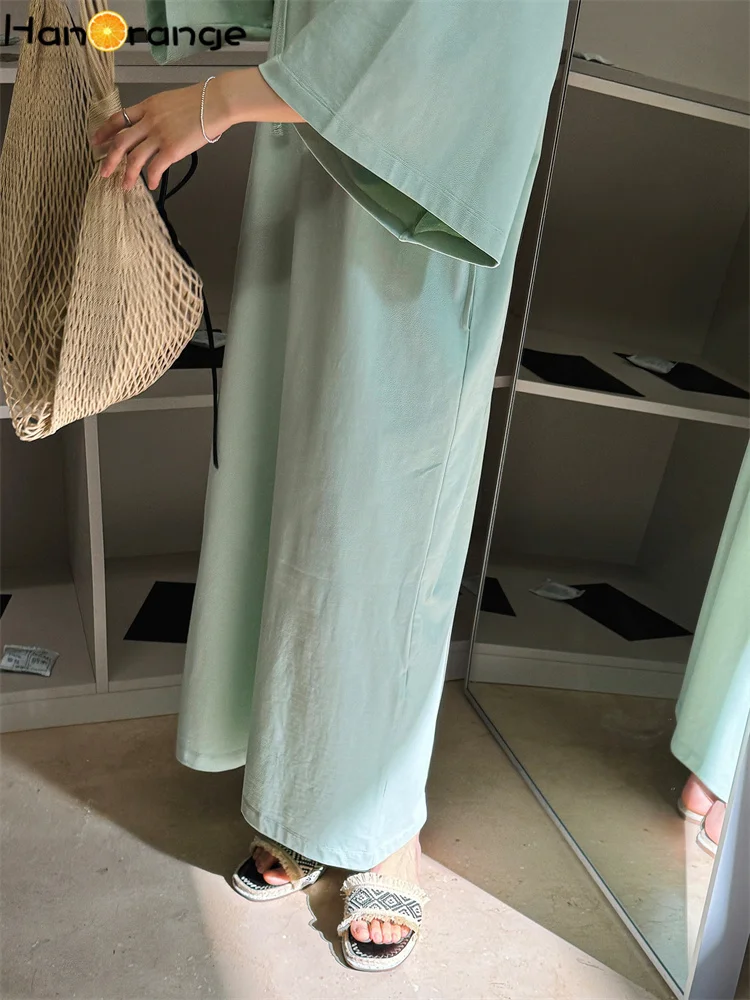 HanOrange 2025 zomer minimalistische ontspannen H-vormige T-shirtjurk effen kleur losse 100% katoenen jurk zwart/mintgroen