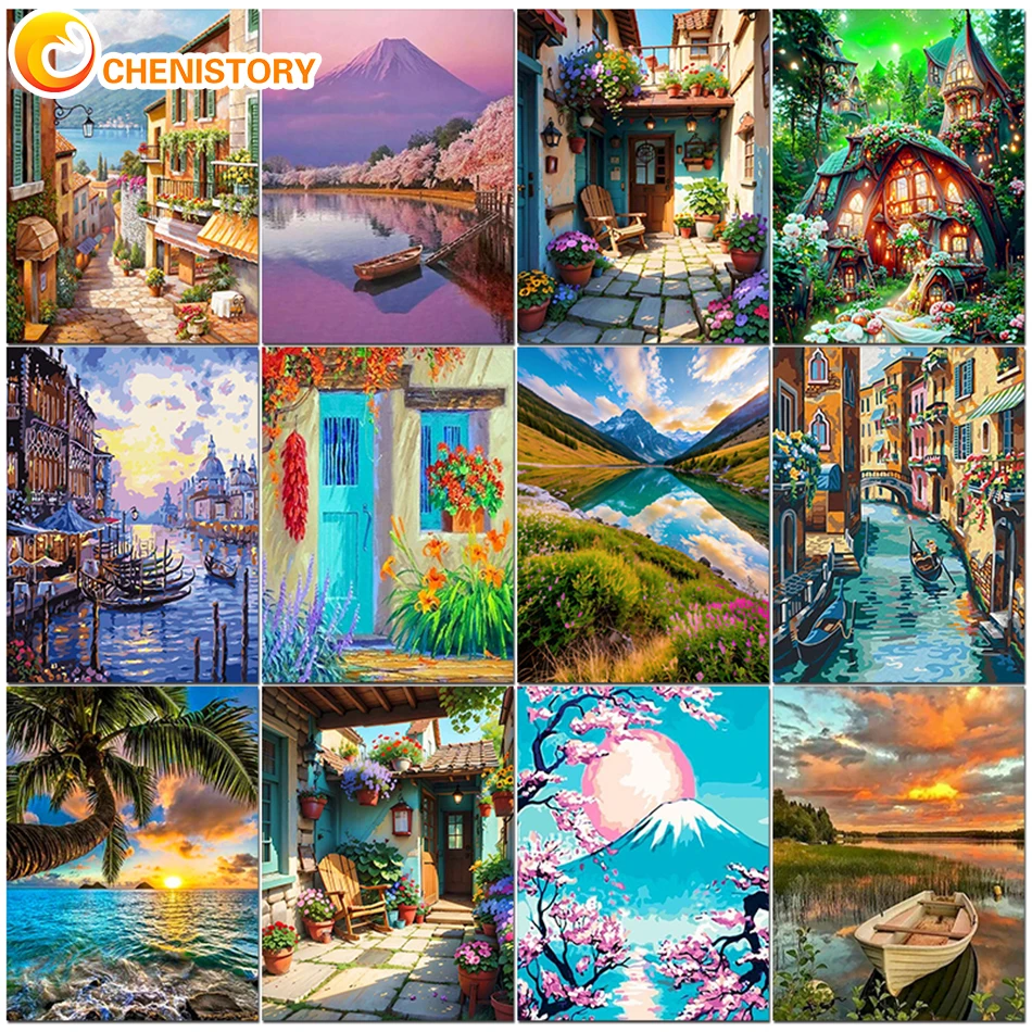 

CHENISTORY Town Oil Painting By Numbers Kits For Adults Diy Landscape For Home Decoration Hand Paint Acrylic Oil Drawing Wall Ar