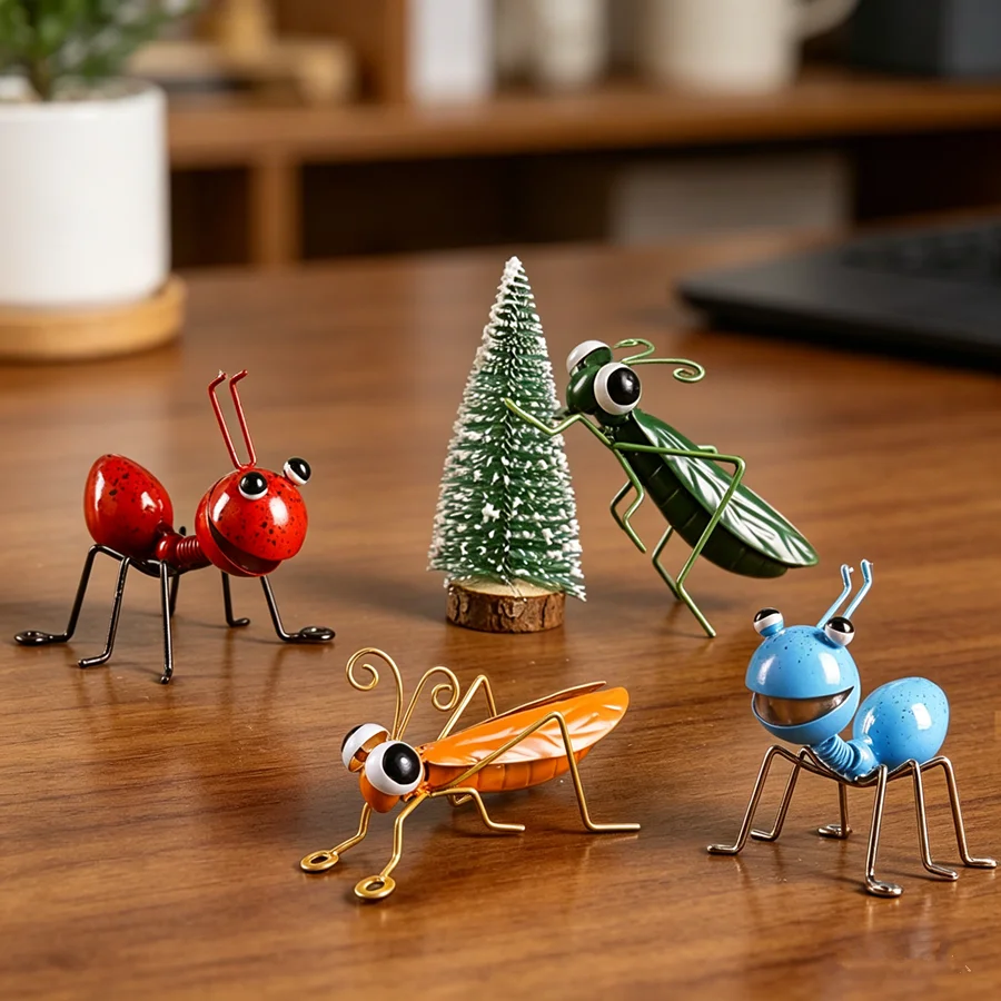 4Pc Ironwork Colorful Cute Art Sculpture Locust Ant Grasshopper Desktop Ornament Outdoor Wall Art Statue Garden Lawn Decoration
