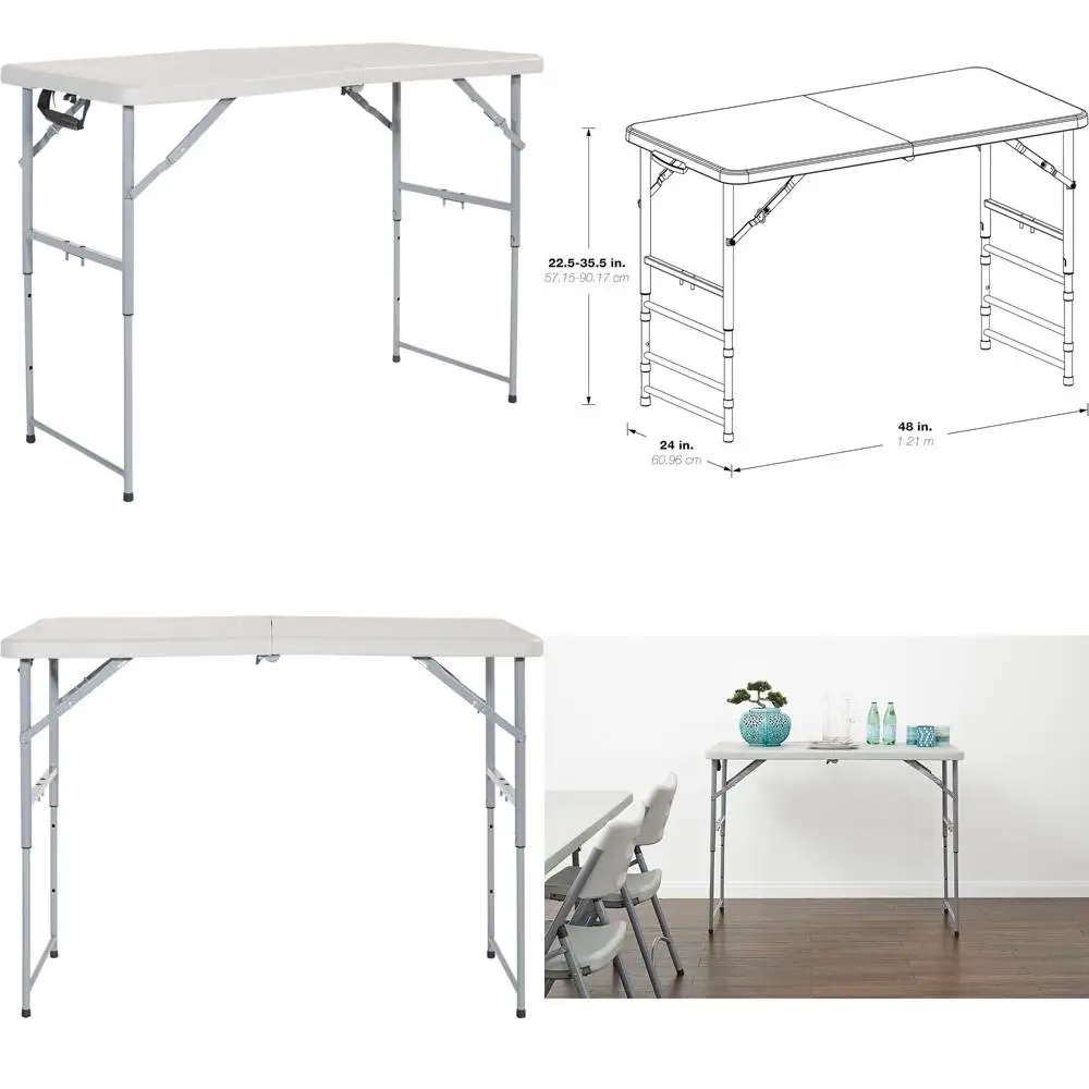 Adjustable Height Folding Rectangle Resin Table, 4 Feet Long, Light Gray