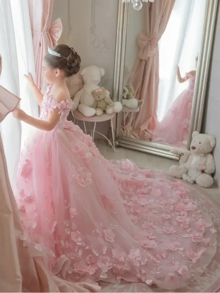 Vestido rosa de flores con apliques 3d para niña, vestido de boda con hombros descubiertos, lujoso tul con perlas, primer vestido de fiesta de