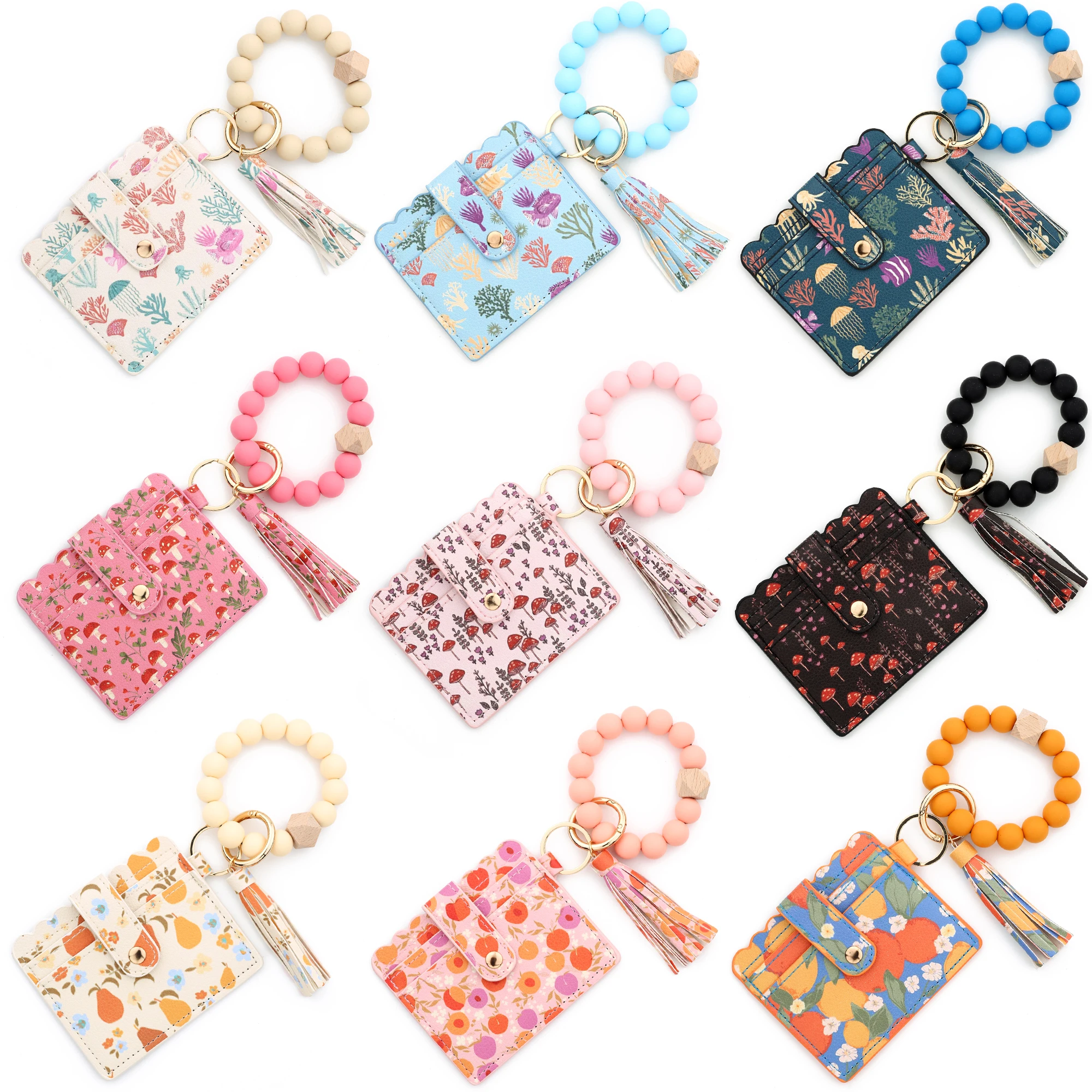 

2025 Silicone Bead Bracelet Ocean Print Leather Card Bag Wristlet Keychain Mushroom Fruit Leather Wallet Bangle