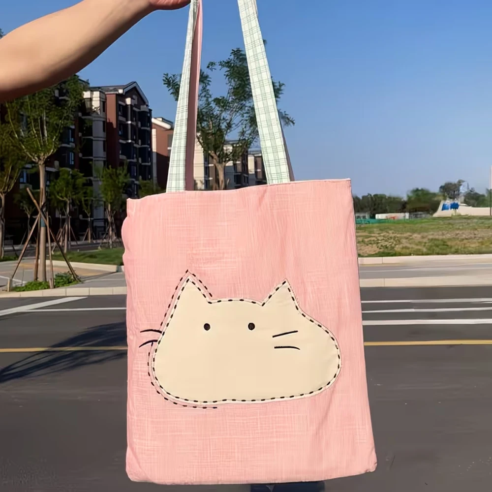 New Pink Cartoon Cat Shoulder Bag, Multifunctional Large-Capacity Canvas Tote Bag, Suitable for Women's Daily Commuting, Shopping, and Storage