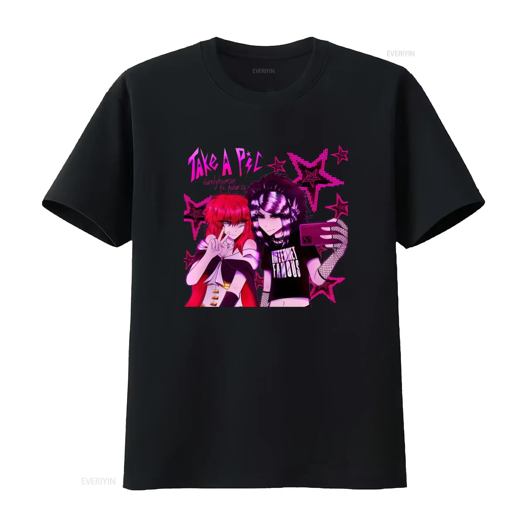 6Arelyhuman Fai Una Foto T-Shirt Schwarz Einheitsgröße Mi593 Vintage Washed Stretched Stylisch Grafik Lässig Vielseitig Leicht