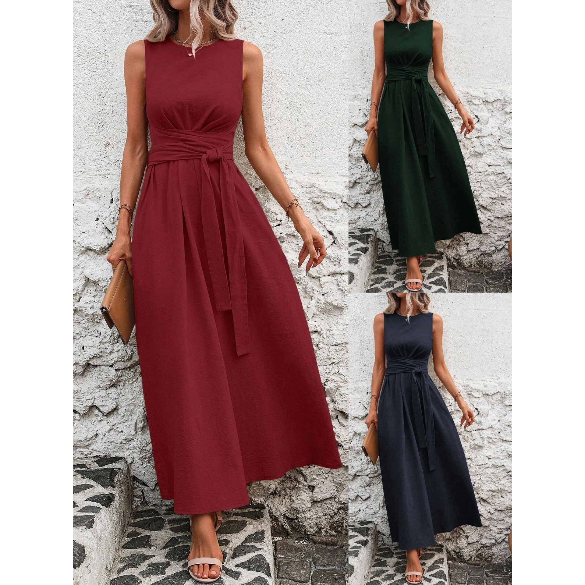 Linen Dress Wrap - ชุดเดรสผ้าไอซ์ซิลค์แบบเรียบหรู แขนกุด คอกลม ทรงหลวม สำหรับผู้หญิง เหมาะสำหรับงานปาร์ตี้ที่บ้าน