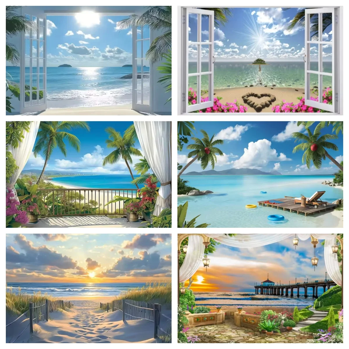 

Tropical Summer Beach Coconut Tree Background Banner Aesthetic Sunset Ocean Waves Sand Floor Holiday Photography Backdrop Props