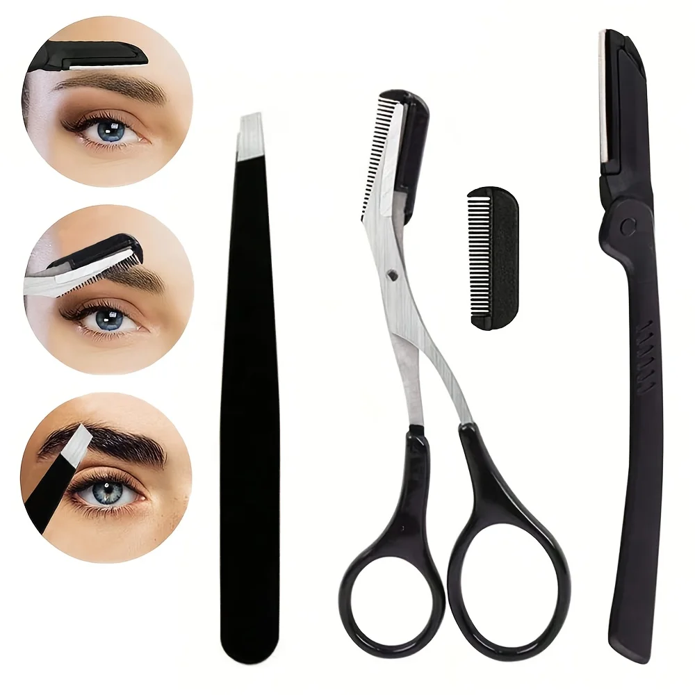 طقم إزالة شعر الوجه للنساء مكون من 4 قطع مع ملاقط، مجموعة أدوات تجميل من الفولاذ المقاوم للصدأ للحواجب، مجموعة تشكيل الحواجب لإزالة الشعر