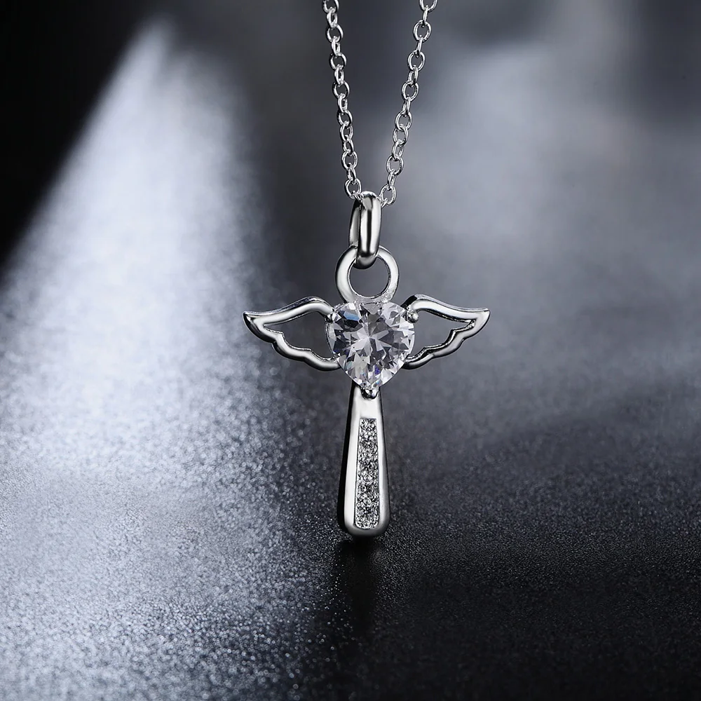 Fashion Brand 925 Sterling Silver Necklace For Women Luxury Wedding Jewelry Angel Crystal Cross Pendants Chain Neckalce