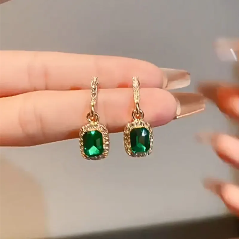 925 Silver Needle Korean Edition Small and Minimalist Style Green Crystal White Stone Geometric Square Women\'s Earrings