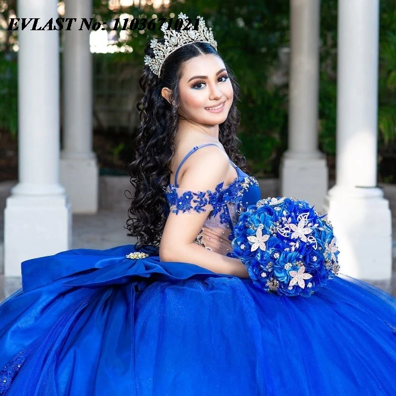 EVLAST, мексиканское Королевское синее бальное платье, платье Quinceanera, Кружевная аппликация, украшенная бисером, бриллианты, милое платье 16 дюймов, SQ200